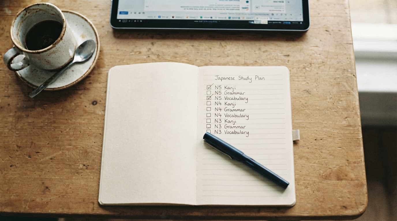 A notebook open at a handwritten Japanese study plan, with kanji, grammar and vocabulary checkboxes listed for N5, N4 and N3.